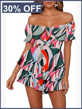 Women's Off Shoulder Ruffle Jumpsuit Romper Short Sleeve